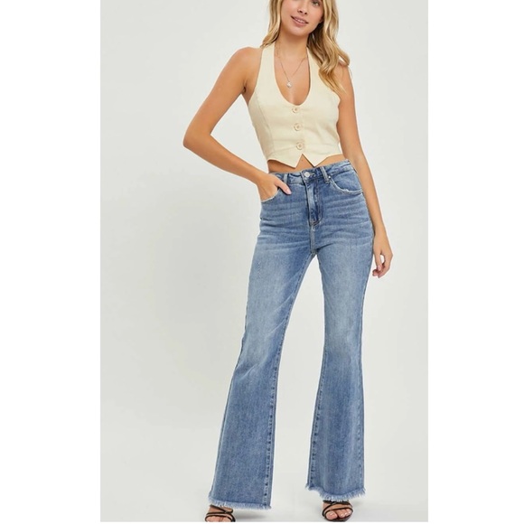 Risen High Rise Raw Hem Flare Jeans - Picture 1 of 9